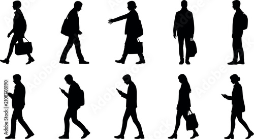 Schilderij op canvas Silhouettes of people walking with bags engaged in various activities