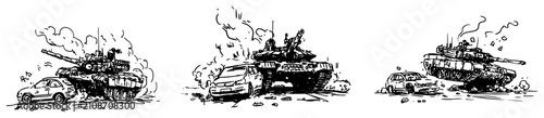 Foto Military tank crushing car sketch set vector, war conflict and destruction scene