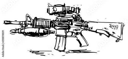Fotografie Modern assault rifle sketch vector, tactical automatic weapon with scope and acc
