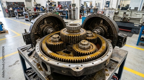 A large gear assembly sits inside an open gear case in a workshop. 
