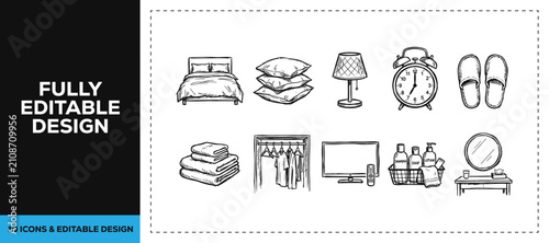 Black ink scribble hand drawn home furniture and interior decor icon bundle set featuring doodle sketch vector illustrations for real estate renovation and apartment branding design.