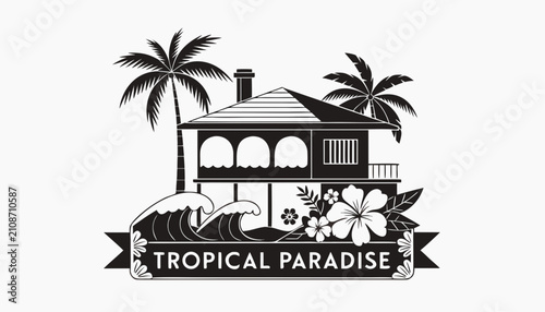 Bild auf Leinwand Very beautiful black and white realistic vector illustration of a TROPICAL BEACH