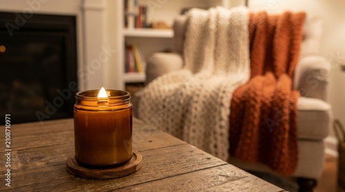 A lit candle sits on a wooden table in a cozy living room.