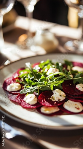 Beetroot Carpaccio with Arugula and Goat Cheese on Elegant Plate Vibrant Red Vegetable Centric Gourmet Dining Concept
