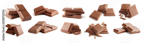 Tasty milk chocolate pieces isolated on white, collage