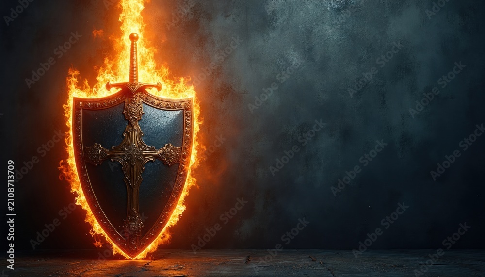 Fototapeta premium Medieval fantasy shield with flaming sword glows on dark grunge background. Ornate metal protection gear burns in bright fire flames. Ancient warrior equipment symbol for war game battle concept.