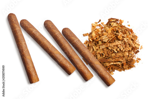 Obraz na plátne Cigars and pile of dried tobacco isolated on white, top view