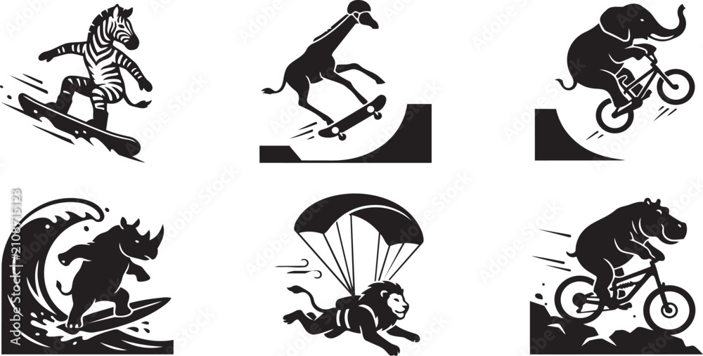 Fototapeta premium Collection of animal athletes performing extreme sports like snowboarding, skateboarding, BMX, and surfing.