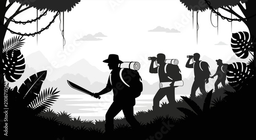 Group of explorers with machete in jungle landscape silhouette
