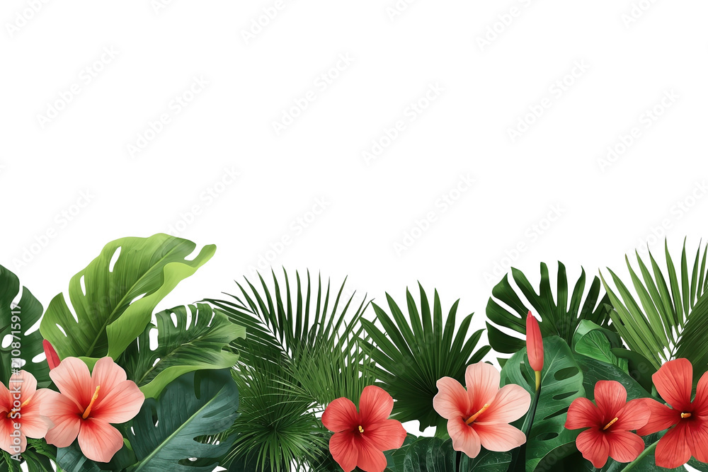 Obraz premium Tropical floral border with hibiscus flowers and palm leaves creating a vibrant summer design template on transparent background