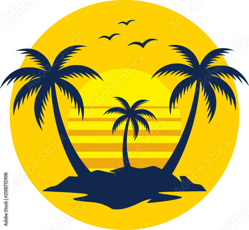 Tropical island silhouette with palm trees and sunset background