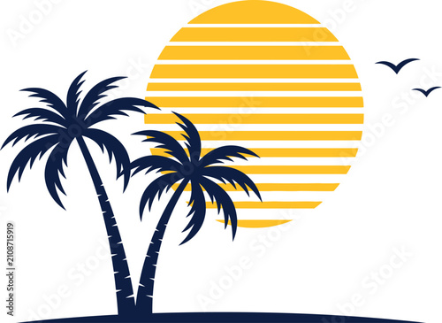 Tropical palm trees silhouette with a striped sun and birds