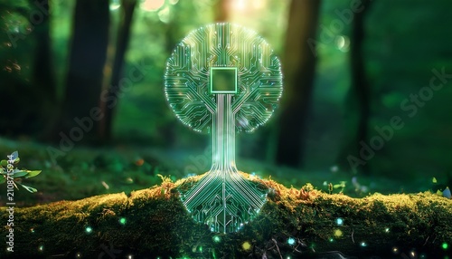 green tree with glowing circuit board roots in lush forest technology nature