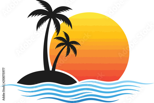 Tropical island silhouette with palm trees and sunset over the ocean