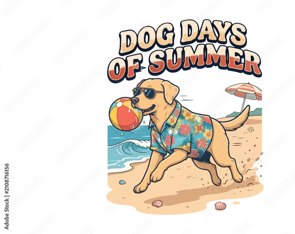 Naklejka premium Retro Dog Days of Summer Vector Illustration with Playful Dog and Beach Ball