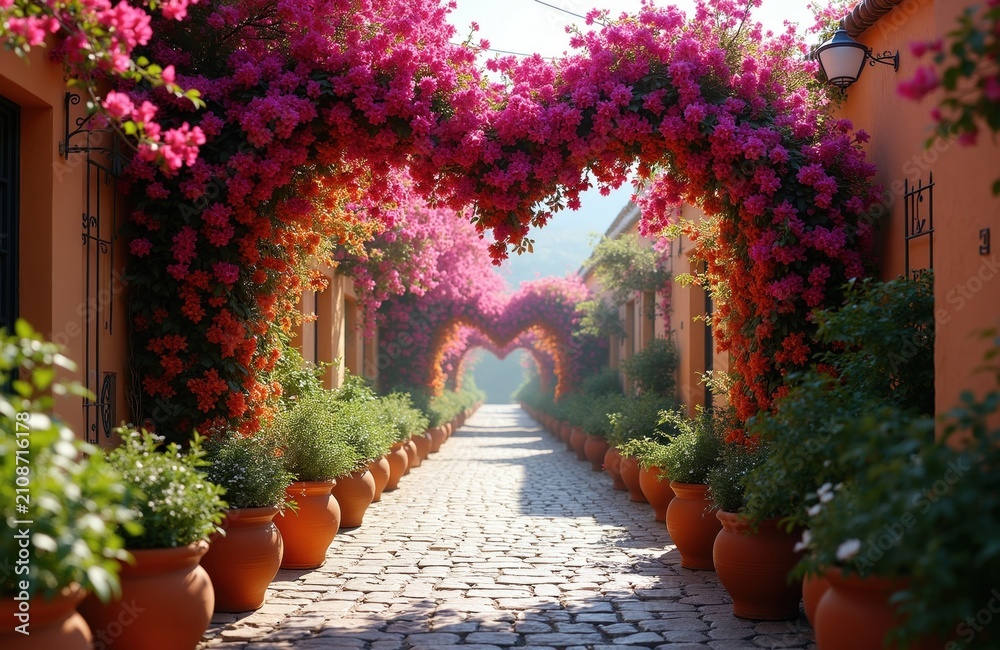 Fototapeta premium Stone path with terracotta pots, pink bougainvillea flowers forming heart shapes. Decorative floral arches line narrow alleyway in Mediterranean town. Tourists walk under vibrant blossom tunnel on