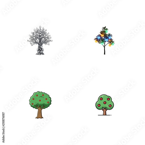 Four cartoon trees with different styles isolated on transparent background