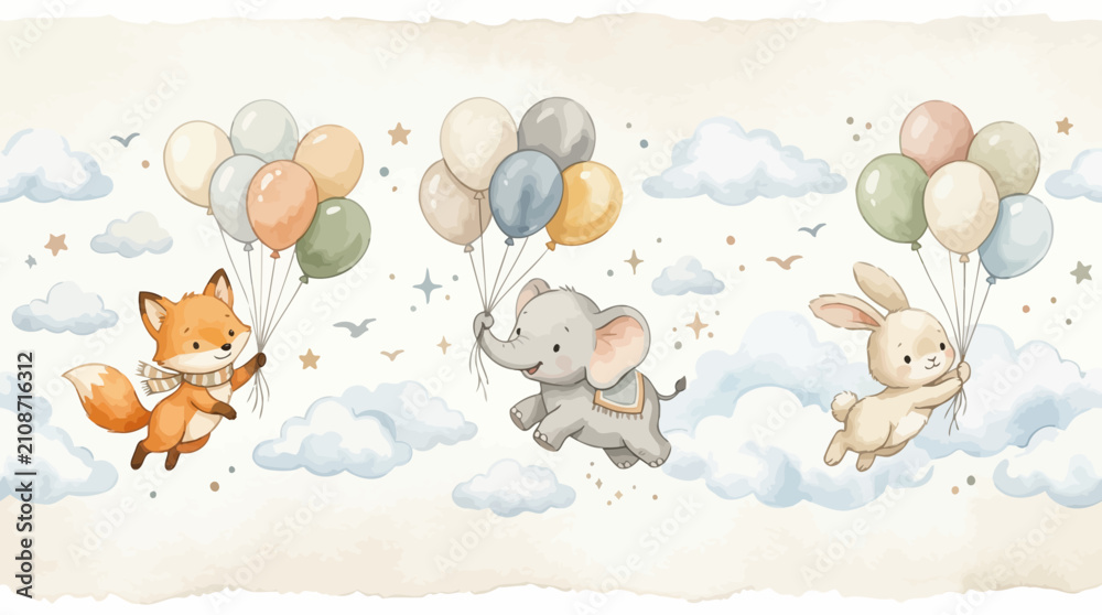 Naklejka premium Cute cartoon animals flying with balloons in the sky, fox, elephant, bunny.