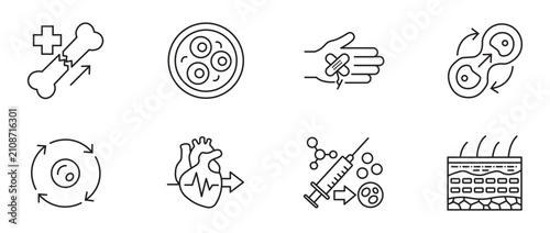 Stem cell therapy and regenerative medicine icon set, bone healing, cell division, skin layer, medical injection linear outline concept, vector illustration.