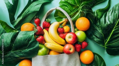 Reusable tote bag filled with fresh fruits like bananas, strawberries, oranges, and apples surrounded by tropical leaves on a teal background.