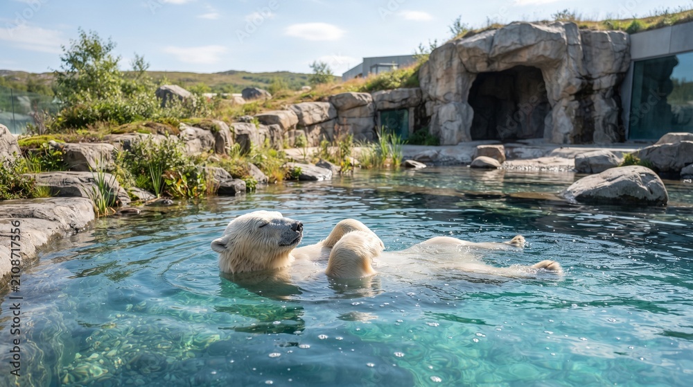 Fototapeta premium Polar bear relaxing while floating in clear water at the zoo 