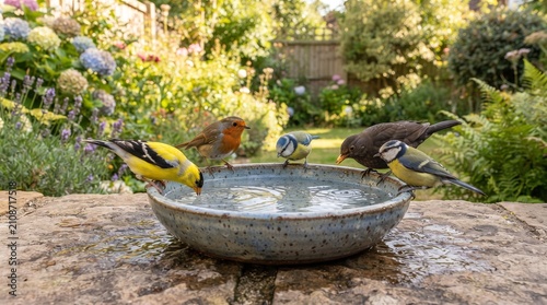 Colorful birds drinking from water bowl in garden during hot weather  