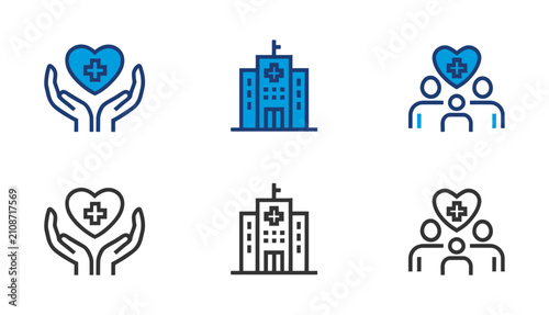 Healthcare icons set hands with heart hospital building and family care illustrations