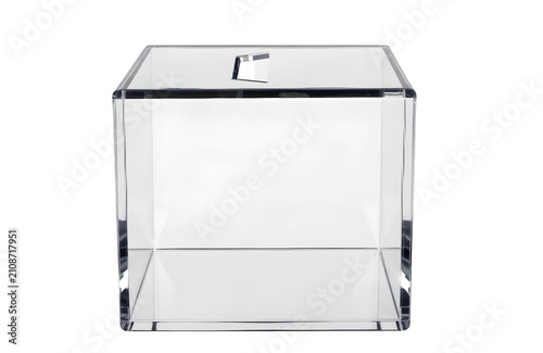 Empty transparent acrylic ballot box or donation container isolated on transparent background