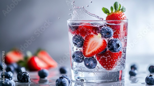 Sparkling water with fresh strawberries and blueberries in a glass.