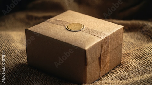 Square brown gift box with twine and gold seal on burlap background.