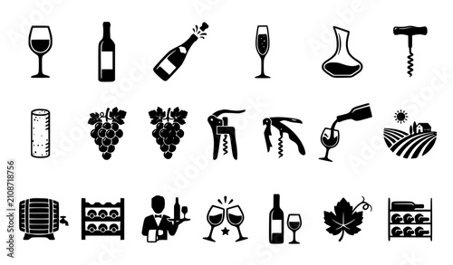Fotografía Minimal Wine Silhouette Icons Black White Beverage Vector Collection