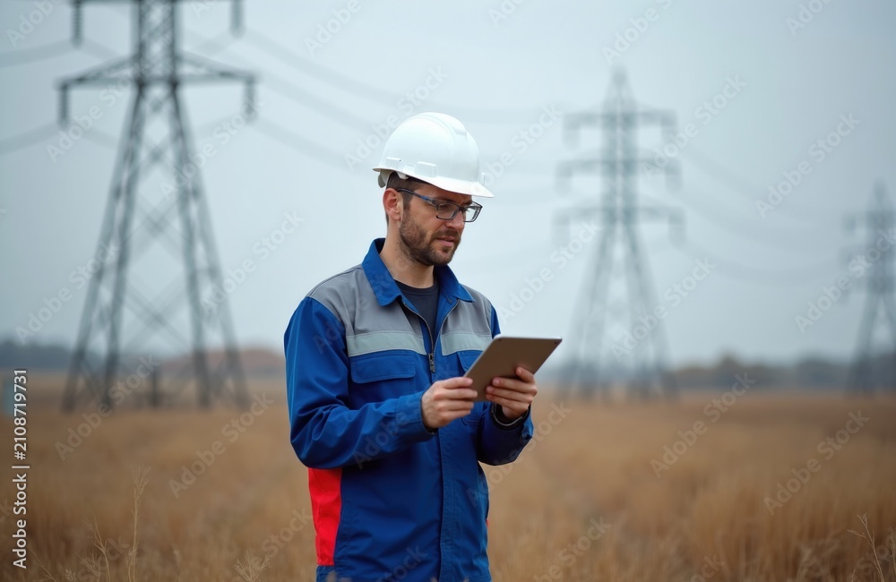 Obraz premium Man in safety helmet checks tablet near power lines. Worker uses digital device for electrical grid inspection. Technician monitors energy infrastructure in open field.