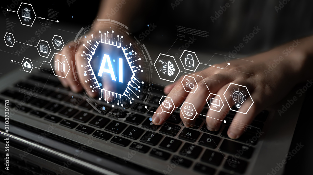 Fototapeta premium Artificial intelligence network concept connecting services, security, analytics and automation across a distributed ecosystem. Corpus
