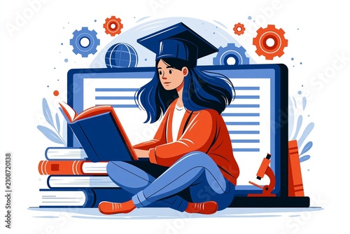 Young asian adult female student studying with books and laptop graduation theme