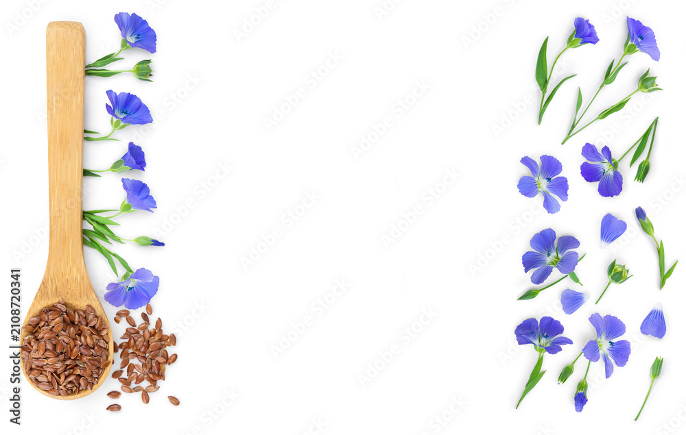 Obraz premium flax seeds in wooden spoon with flower isolated on white background. Top view with copy space for your text. Flat lay.