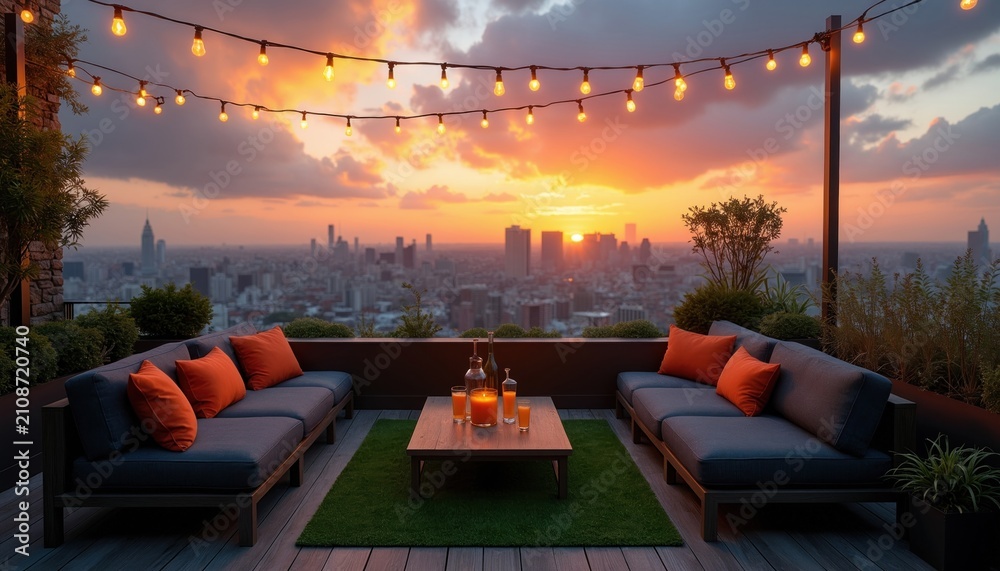 Obraz premium Modern rooftop terrace features comfortable lounge furniture with orange pillows at sunset. City skyline view glows under evening sky with hanging string lights. Outdoor patio decor creates serene