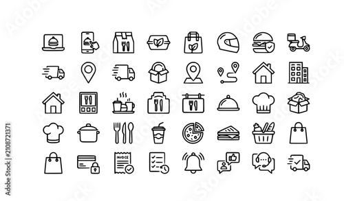 Editable Food Delivery Outline Icon Collection for Restaurant Apps and Courier Services