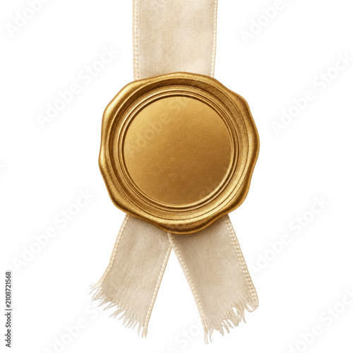 Blank gold wax seal with hanging fabric ribbons as isolated on transparent background