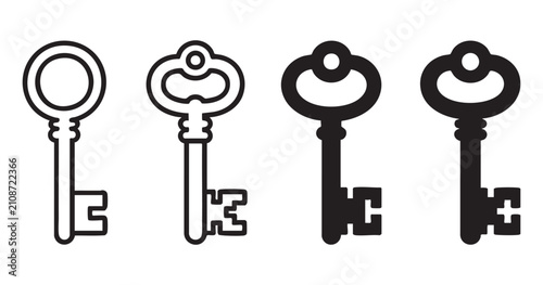 Old fashioned key silhouette and outline versions for house protection and estate accessibility tool.