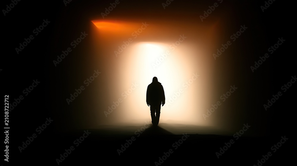 Fototapeta premium Solitary figure emerges from blinding light into profound darkness