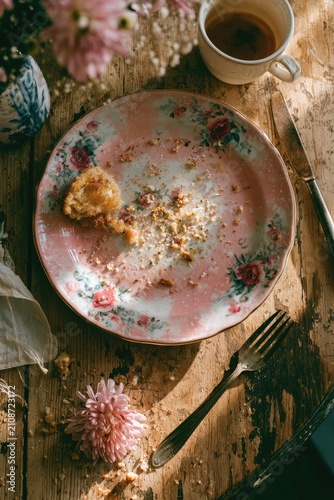 Food-related still life showing leftover crumbs on a clean table. A quiet concept about meals, memories, and the beauty of imperfect everyday scenes.