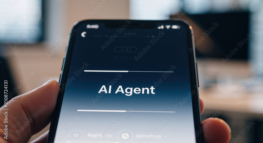 Naklejka premium AI Agent text on a smartphone screen. Person holding a mobile phone with an artificial intelligence application