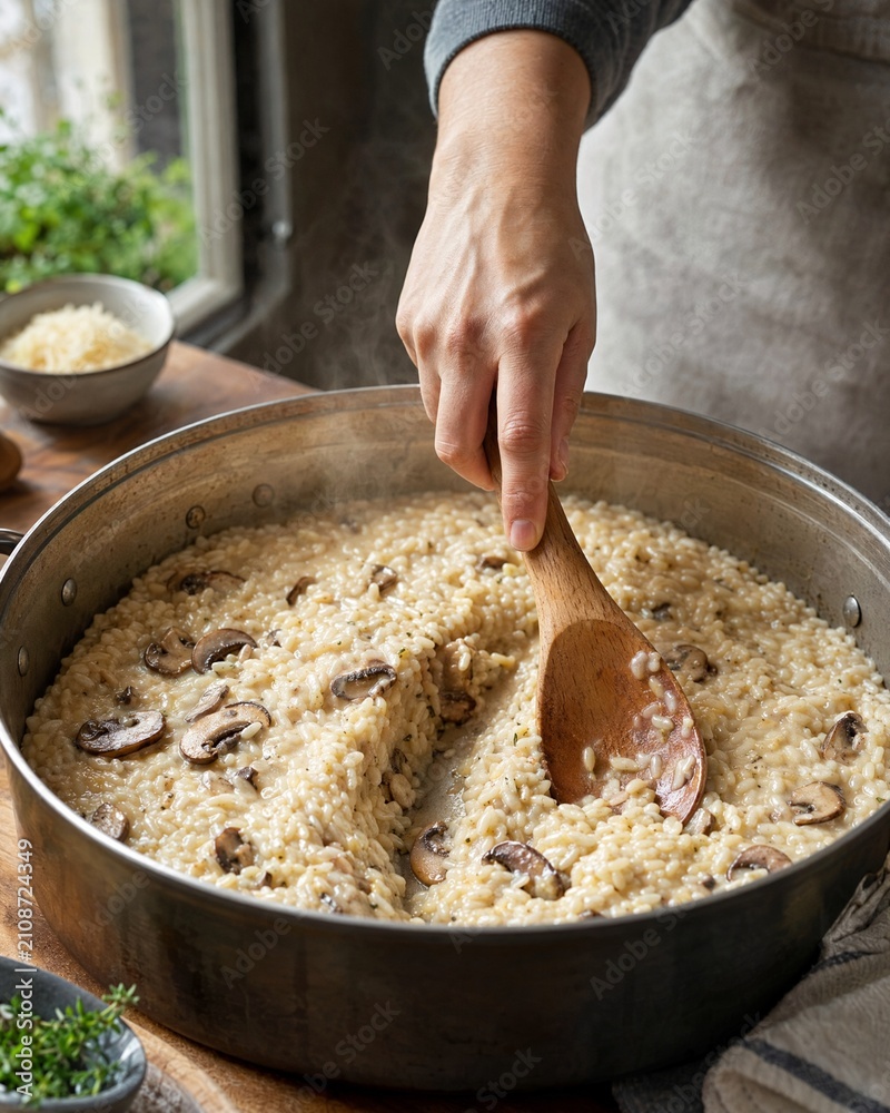 Fototapeta premium Cooking creamy mushroom risotto in a large pan with a wooden spoon