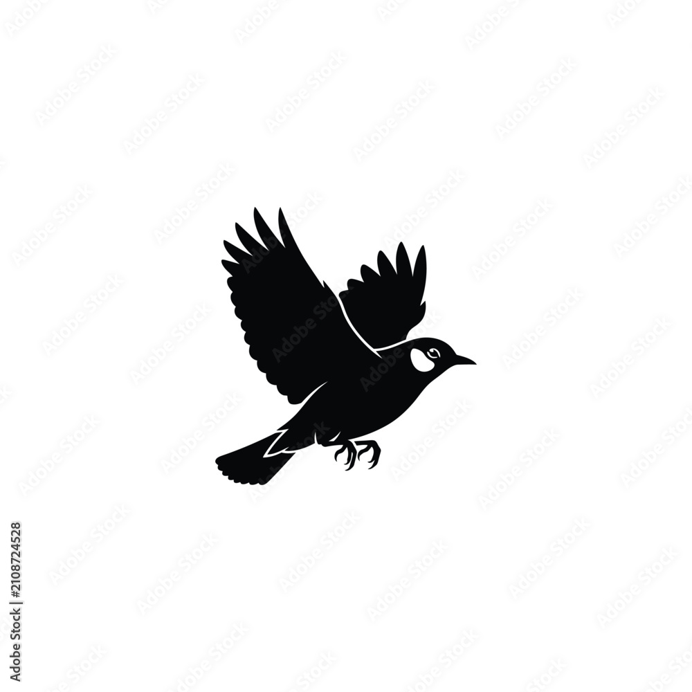 Fototapeta premium Black bird flying vector silhouette icon. Stylized songbird mascot with spread wings and white cheek patch. Minimalist wildlife nature illustration isolated on white background.