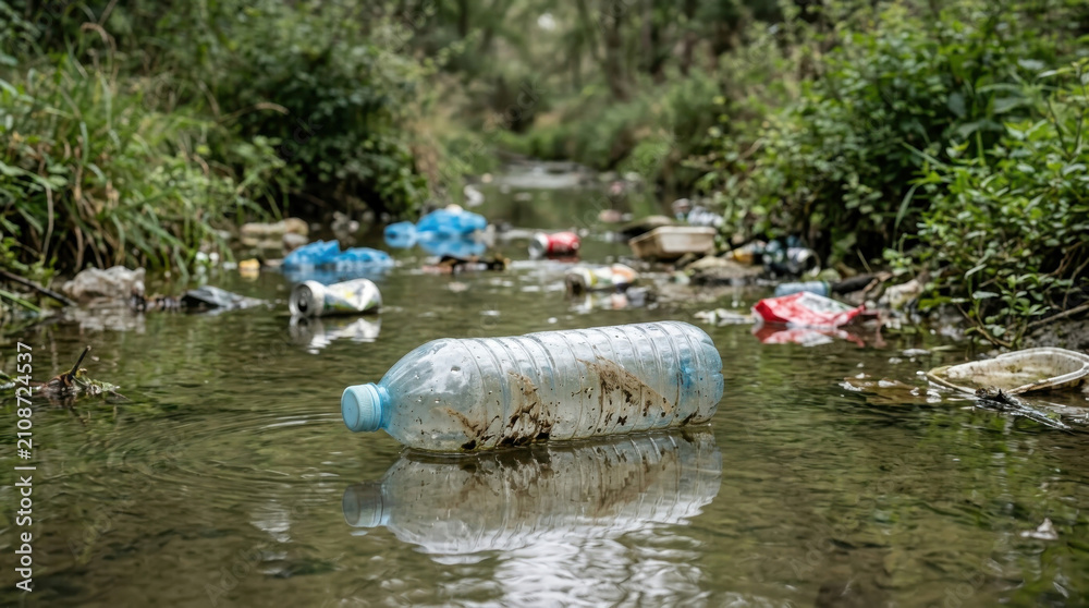 Naklejka premium Plastic waste floating in polluted freshwater stream surrounded by natural vegetation highlighting water pollution, environmental contamination, ecosystem damage, waste management and conservation