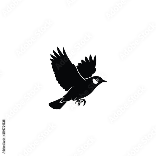 Black bird flying vector silhouette icon. Stylized songbird mascot with spread wings and white cheek patch. Minimalist wildlife nature illustration isolated on white background.
