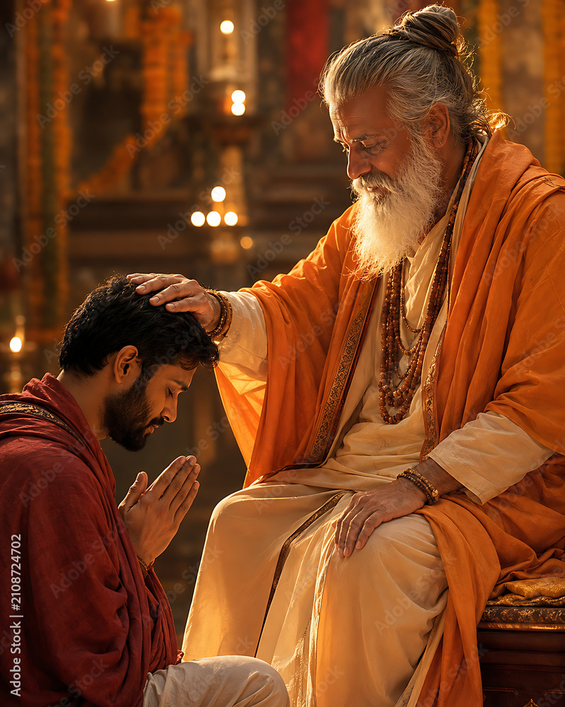 Obraz premium Guru purnima spiritual teacher blessing devoted disciple during hindu religious festival ceremony inside warmly illuminated temple with prayer beads and sacred ancient traditions