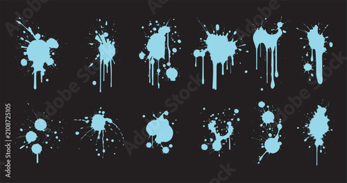 Collection of light blue paint splash and ink splatter design elements on dark gray background