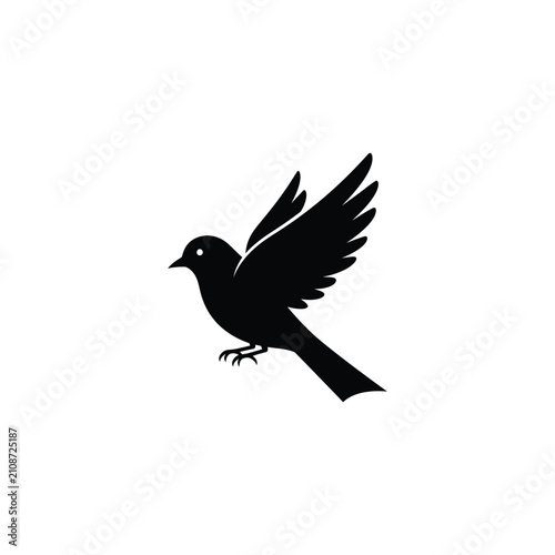 Black bird flying vector silhouette icon. Stylized songbird or sparrow mascot with open wings and sharp beak. Minimalist wildlife nature illustration isolated on white background.