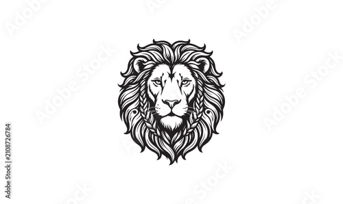 Front View Lion Head Black and White Vector Illustration.